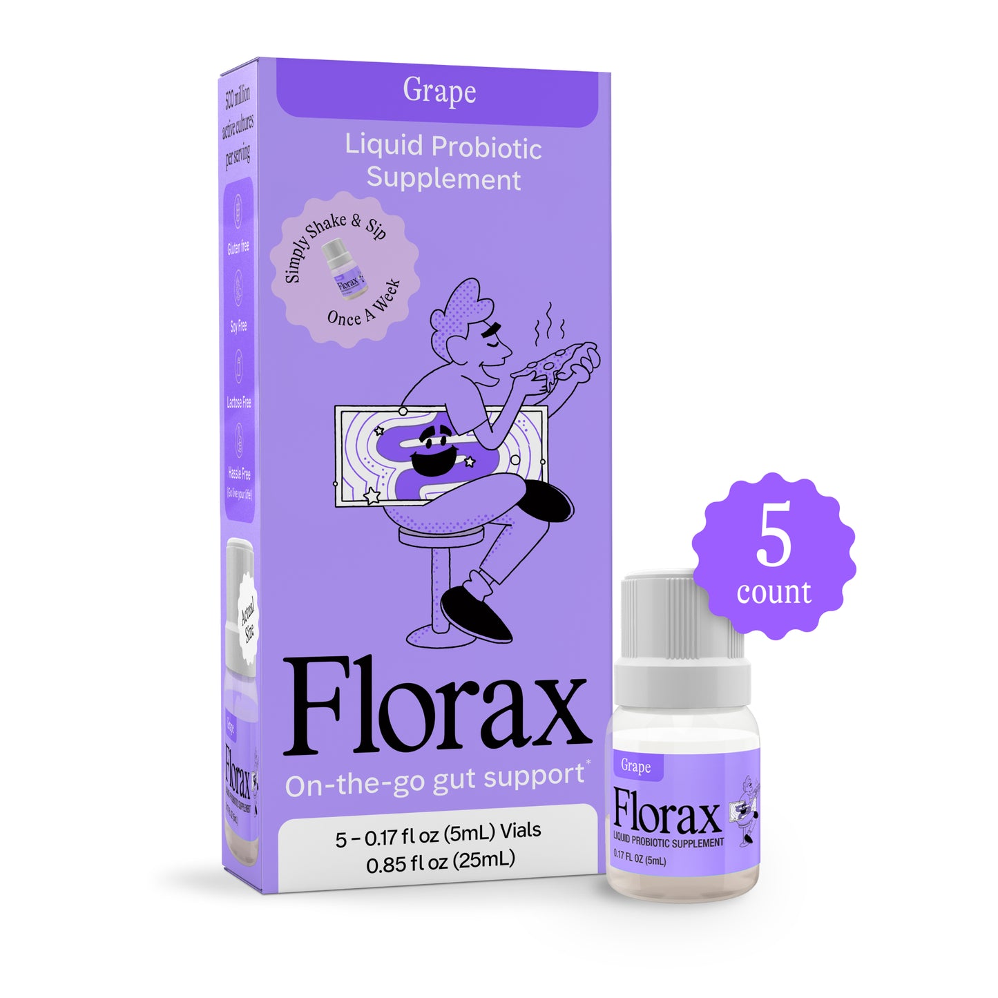 Florax - Liquid Probiotic - Grape Flavor - On-the-go Gut Support for Women, Men, and Children - 5 Vials