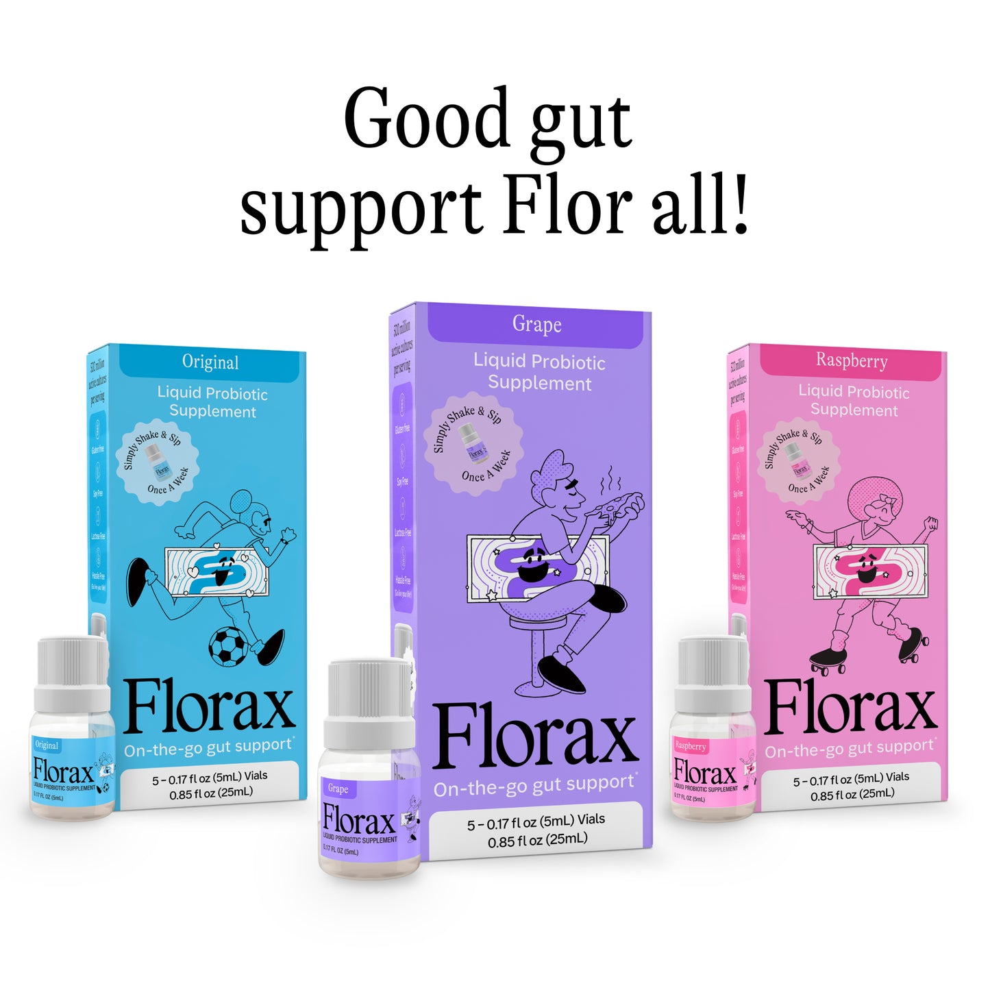 Florax - Liquid Probiotic - Grape Flavor - On-the-go Gut Support for Women, Men, and Children - 5 Vials