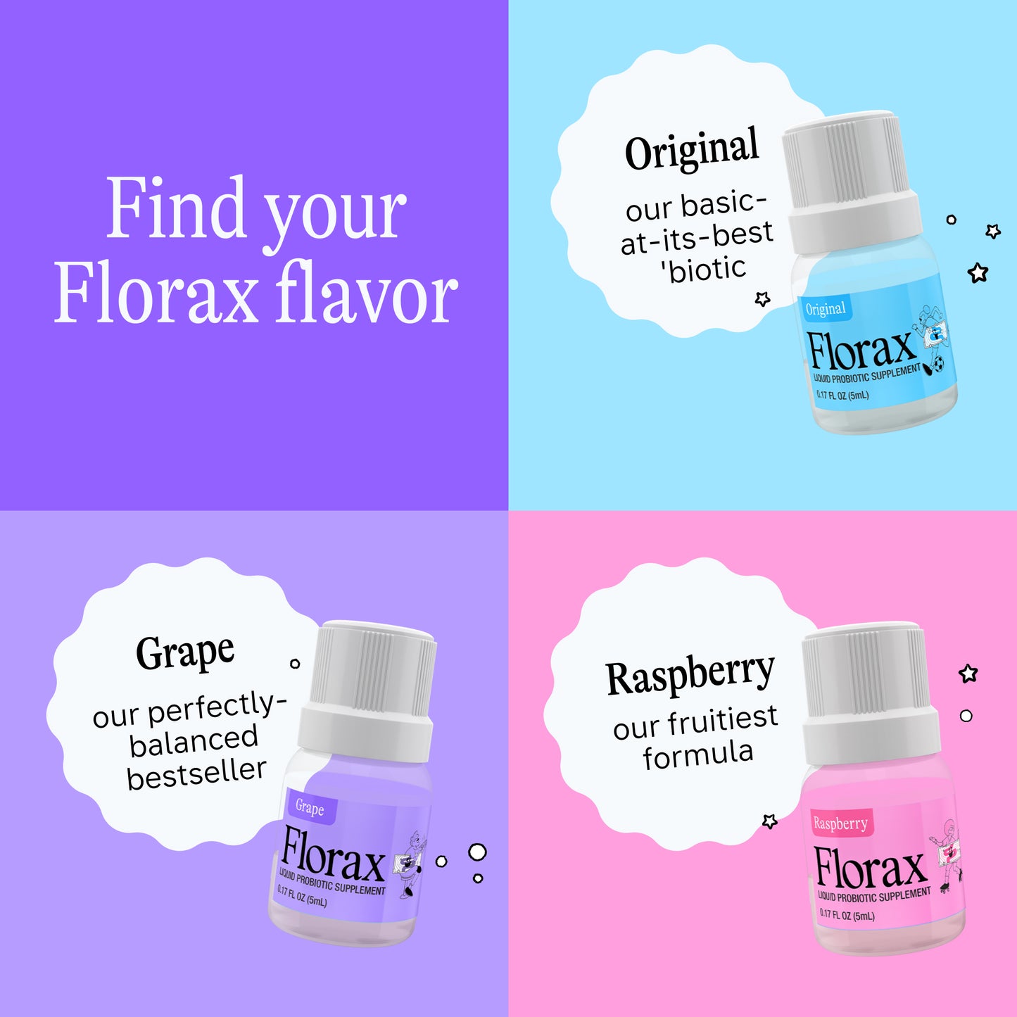 Florax - Liquid Probiotic - Grape Flavor - On-the-go Gut Support for Women, Men, and Children - 5 Vials