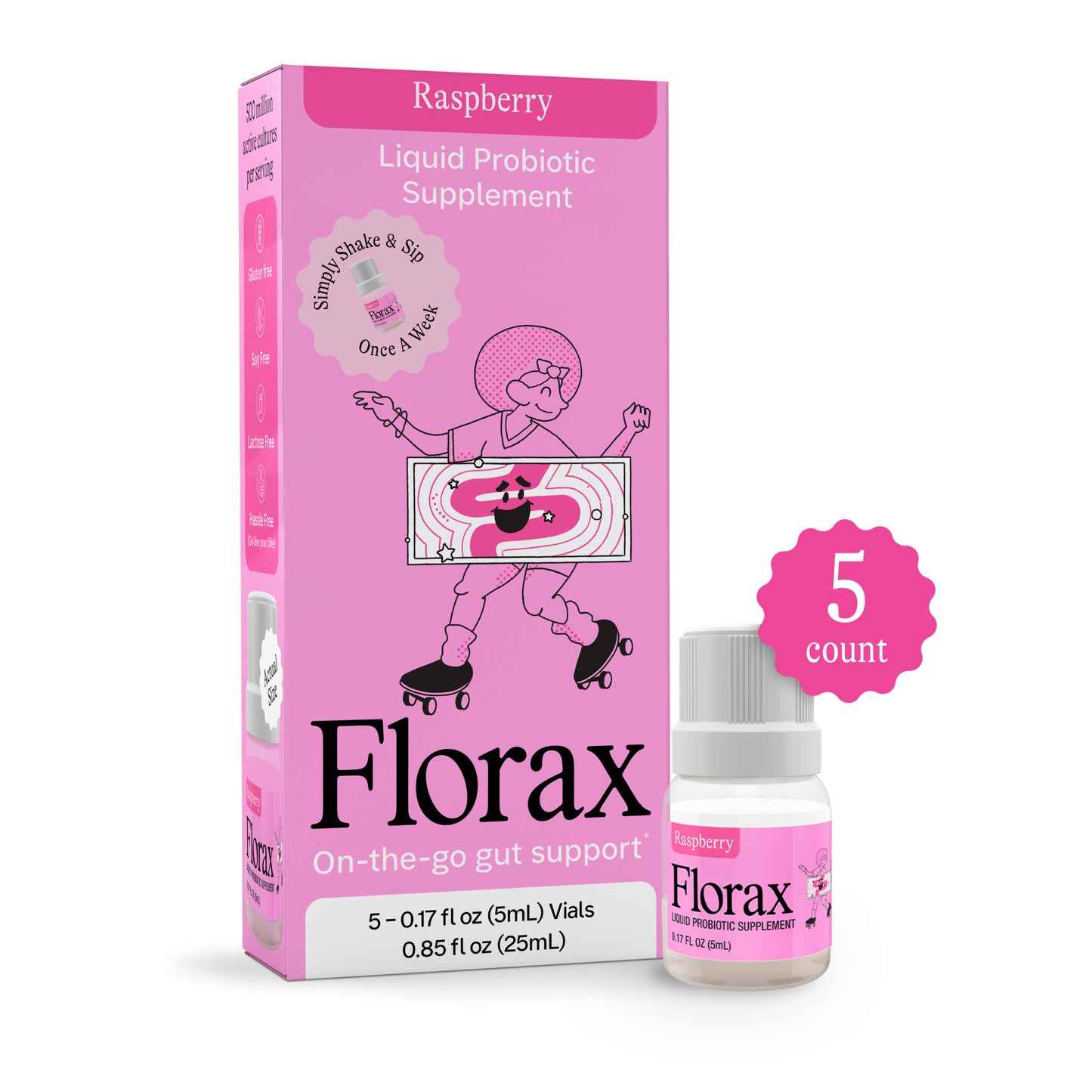 Florax - Liquid Probiotic - Raspberry Flavor - On-the-go Gut Support for Women, Men, and Children - 5 Vials